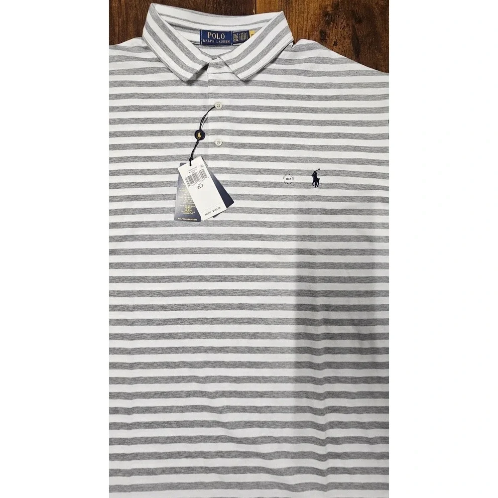 Polo Ralph Lauren Mens Gray Striped Performance Polo Shirt‎ Stretch Size 2XL NWT